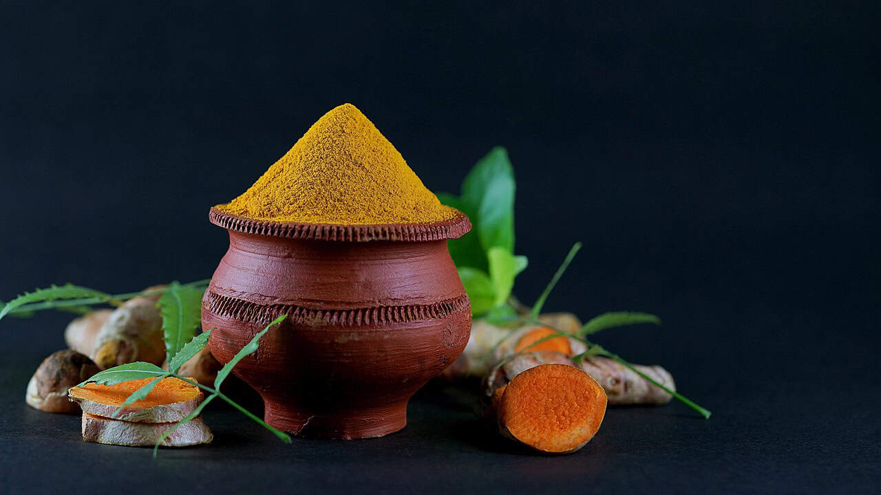 turmeric, neem, cup, spoon, nature, undried turmeric, black background, wood spoon, full of turmeric, leaf, dramatic