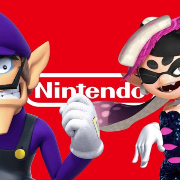The Nintendo logo, featuring Mario's Waluigi and Splatoon's Callie.