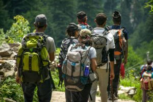 An adventurous group hike in a lush forest setting with vibrant green surroundings. professional hiking guides
