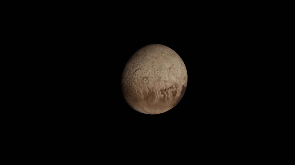 Detailed view of Pluto in space, showcasing its unique terrain and surface.