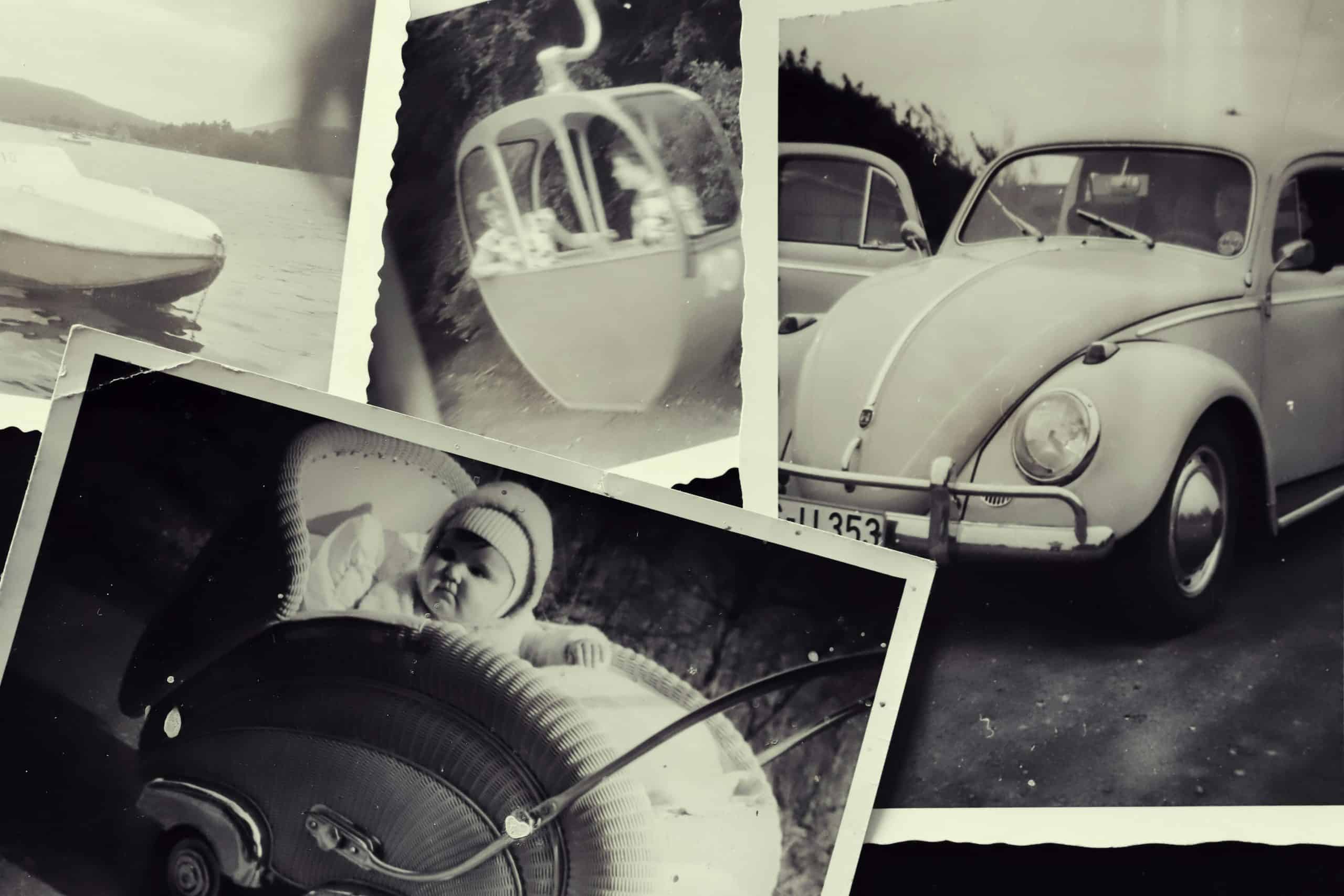 A nostalgic collage of black and white vintage photos depicting a VW Beetle, a stroller, and a baby surrounded by nature.