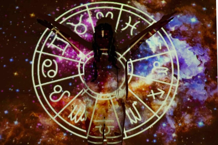 Silhouette of person extending arms against zodiac symbols and cosmic background, esoteric theme. misconception, misconceptions zodiac signs, Neptune retrograde in pisces, attraction, zodiac