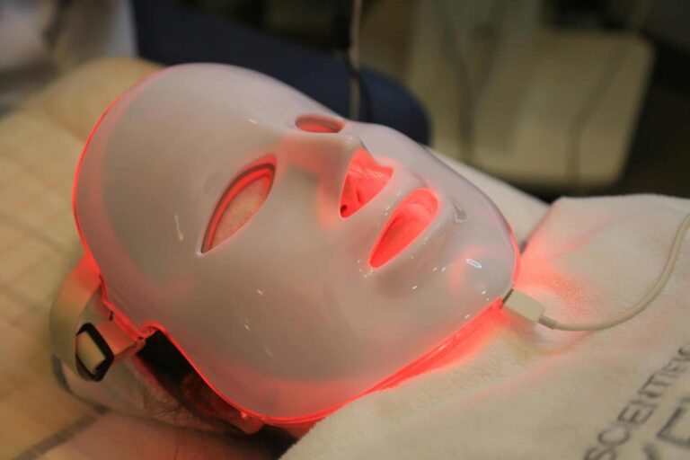Close-up of an led therapy light mask used in modern skincare treatments.