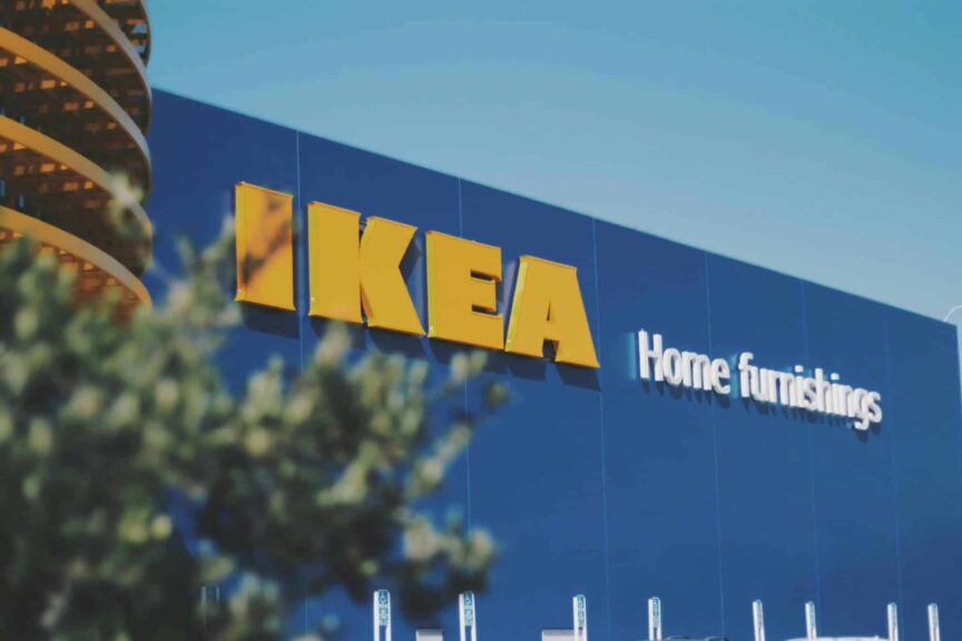 Beautiful image of a blue IKEA storefront with visible home furnishings sign.