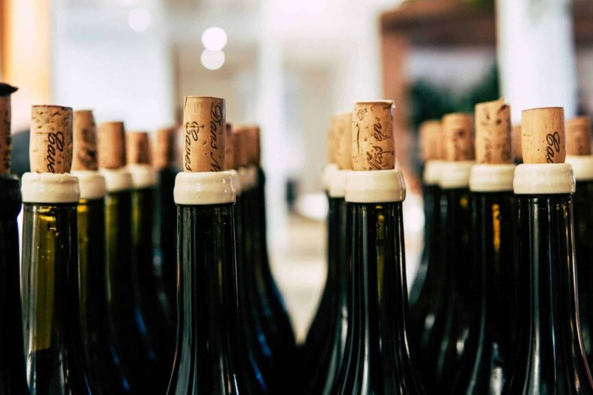 A detailed shot of wine bottles corked and ready for storage, perfect for beverage-themed content. Costco sparkling wine recall