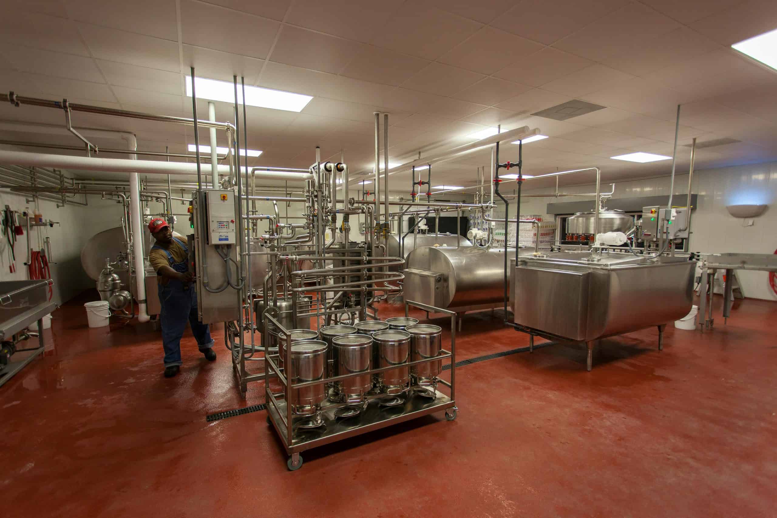 High-tech dairy processing facility with advanced equipment and industrial machinery for milk production.