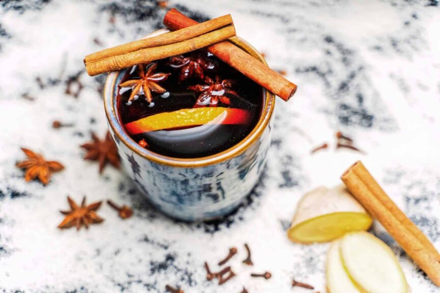 This is a photograph of a festive beverage. Fall mocktails can be delicious additions to autumn events.