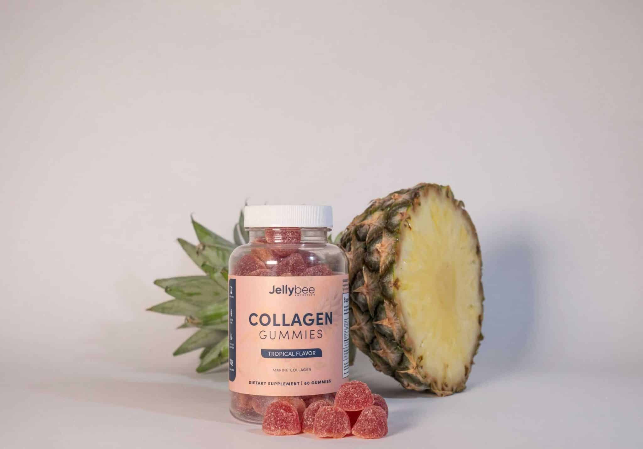 This is a photograph of collagen gummies and the top of a pineapple. Collagen decline can have multiple impacts.