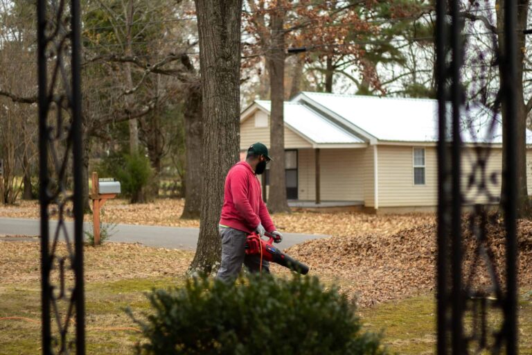 A man cleans fallen leaves with a blower in a residential neighborhood during autumn. leaf vacuums