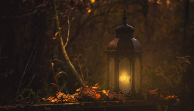 Autumn Equinox, release, yellow pillar candle in black lantern