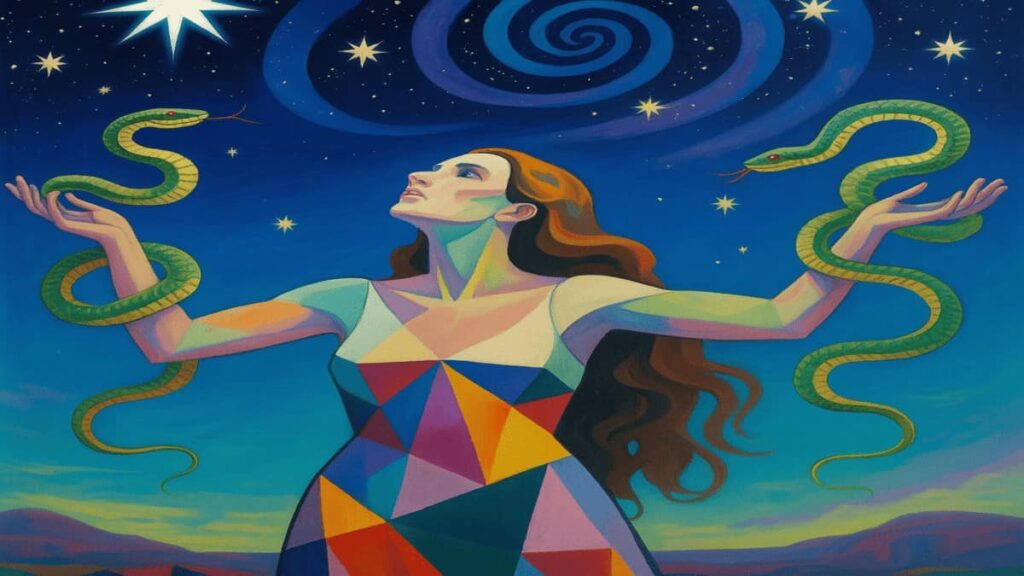 Symbolic artwork of a woman holding snakes under a cosmic night sky, featuring geometric dress, spiral galaxy, and eight-pointed star—used for astrology editorial on Ophiuchus.
