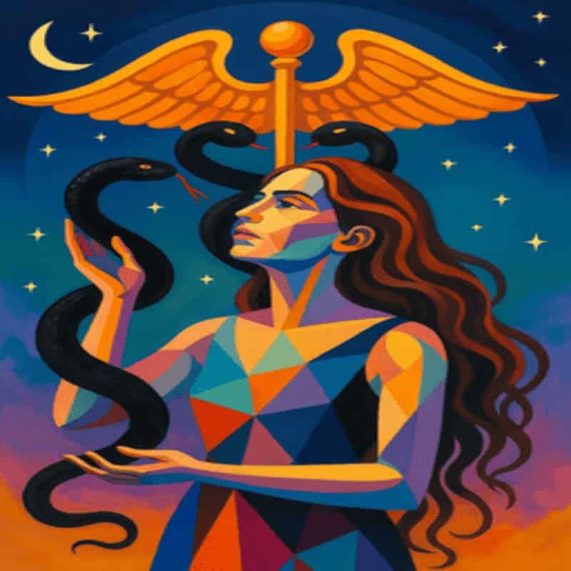 Caduceus and Ophiuchus under a crescent moon.