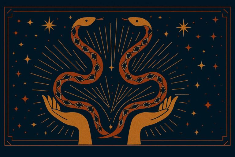 Art deco-style illustration of two golden hands holding intertwined serpents, set against a navy blue background with radiant starbursts and celestial accents. The serpents feature geometric patterns in burnt orange and gold, framed by angular lines and symmetrical stars. Ophiuchus.