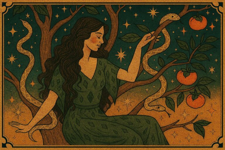 Vintage-style landscape illustration of a forest woman seated in a tree with snakes, persimmons, and stars in the sky inspired by Ophiuchus.