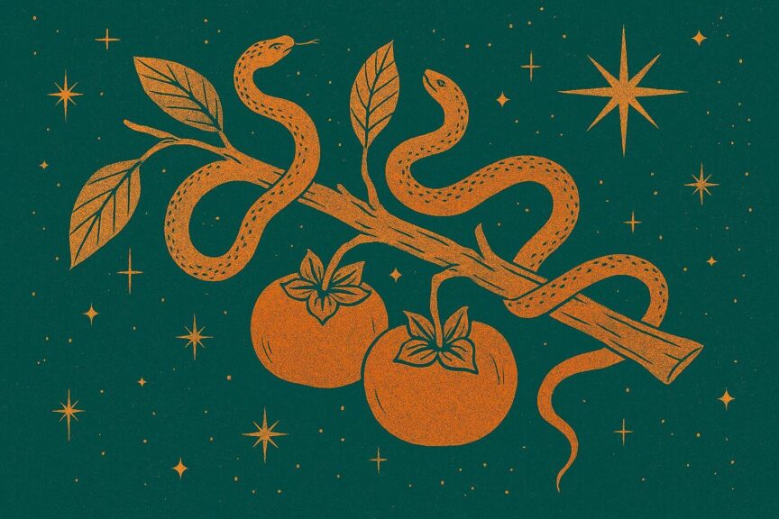 Two golden-orange serpents coil around a broken persimmon branch with ripe fruit and veined leaves, set against a deep emerald night sky filled with radiant stars. The illustration evokes mystical symbolism and vintage botanical style inspired by Ophiuchus.