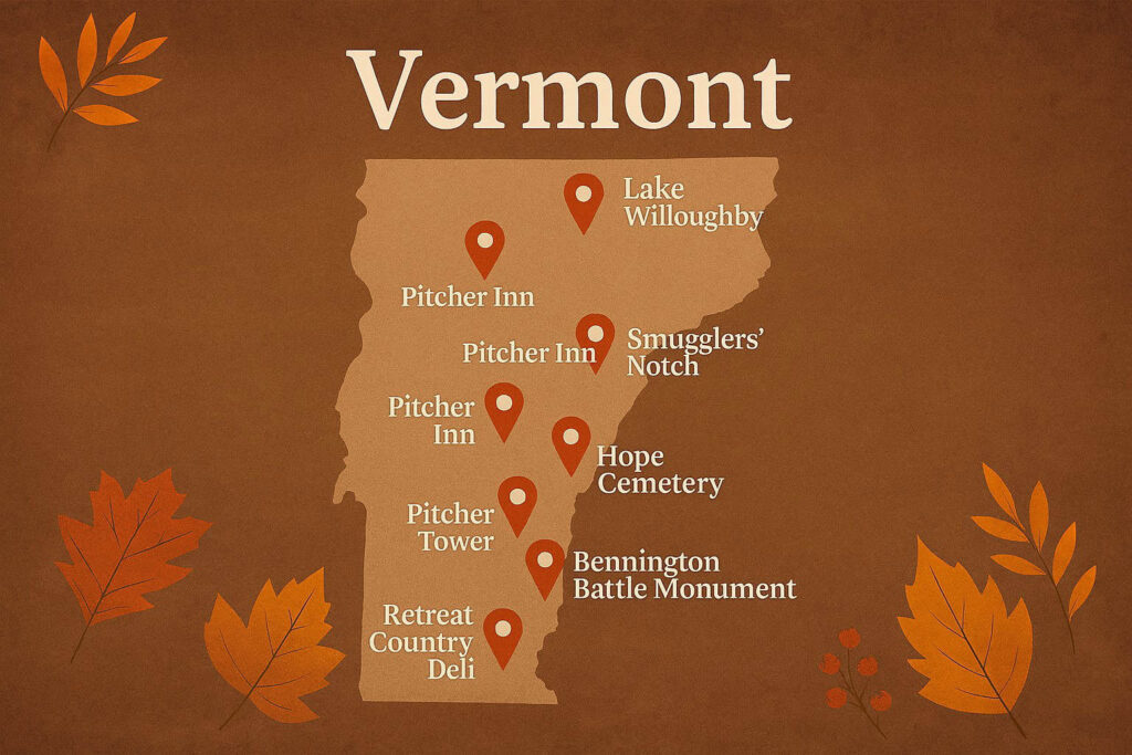 Stylized autumn-themed map of Vermont showing key travel locations including Lake Willoughby, Smugglers' Notch, Lang House, Hope Cemetery, Bennington Battle Monument, Glastenbury, Retreat Tower, Vermont Country Deli, and Pitcher Inn, marked with labeled pins on a rustic brown background with fall leaves.