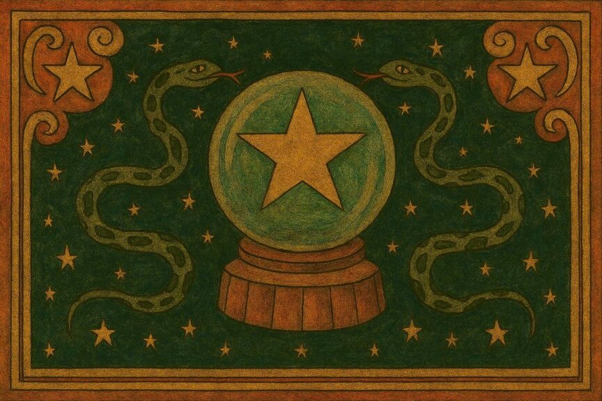 A glowing crystal ball containing a golden star, wrapped by two green serpents, set against a starry folk art sky inspired by Ophiuchus.