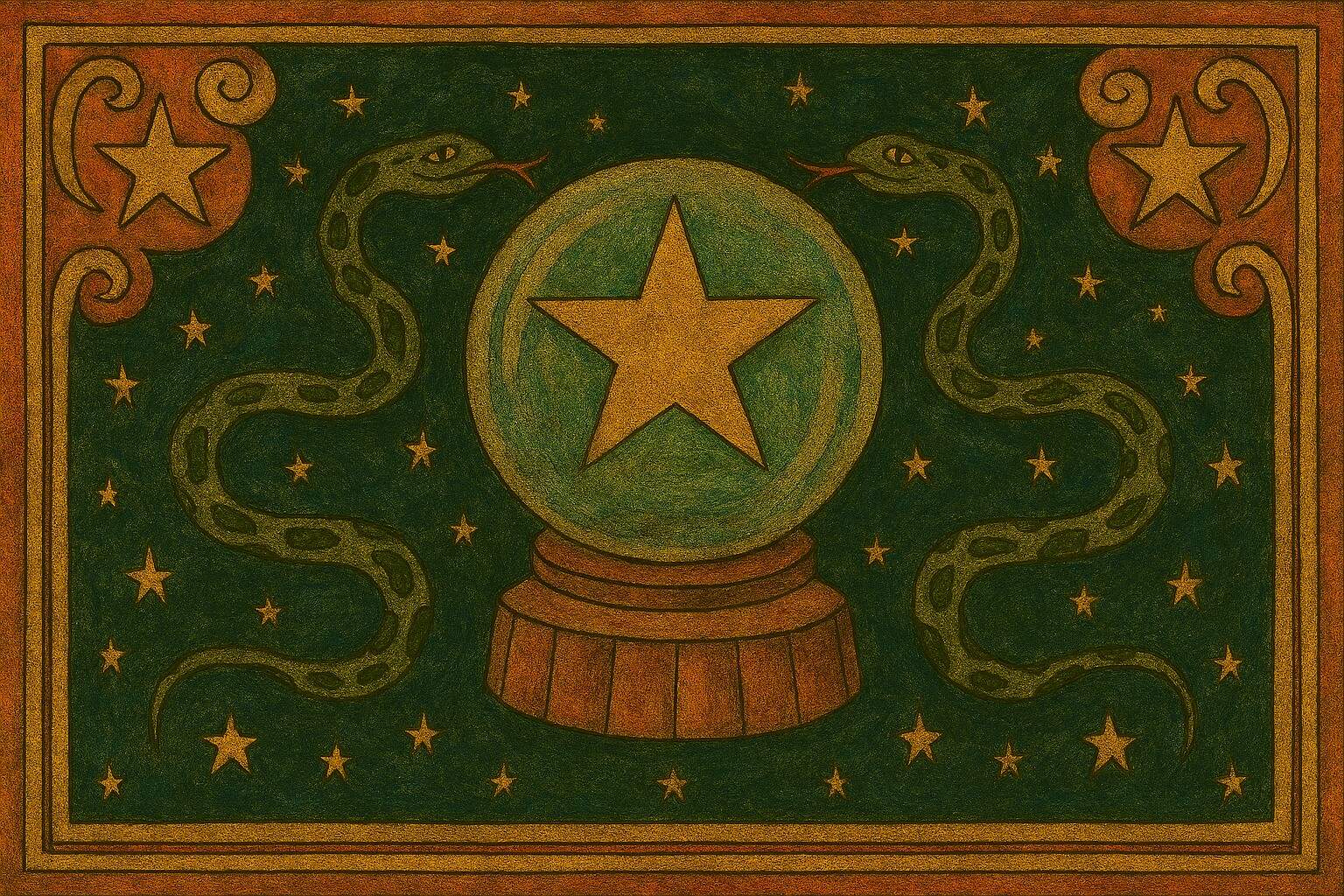 A glowing crystal ball containing a golden star, wrapped by two green serpents, set against a starry folk art sky.