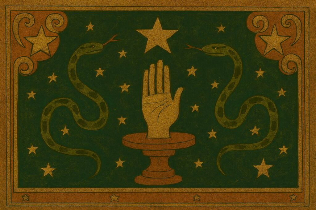 A single golden hand raised from a wooden pedestal, surrounded by serpents and stars in landscape folk art inspired by Ophiuchus.