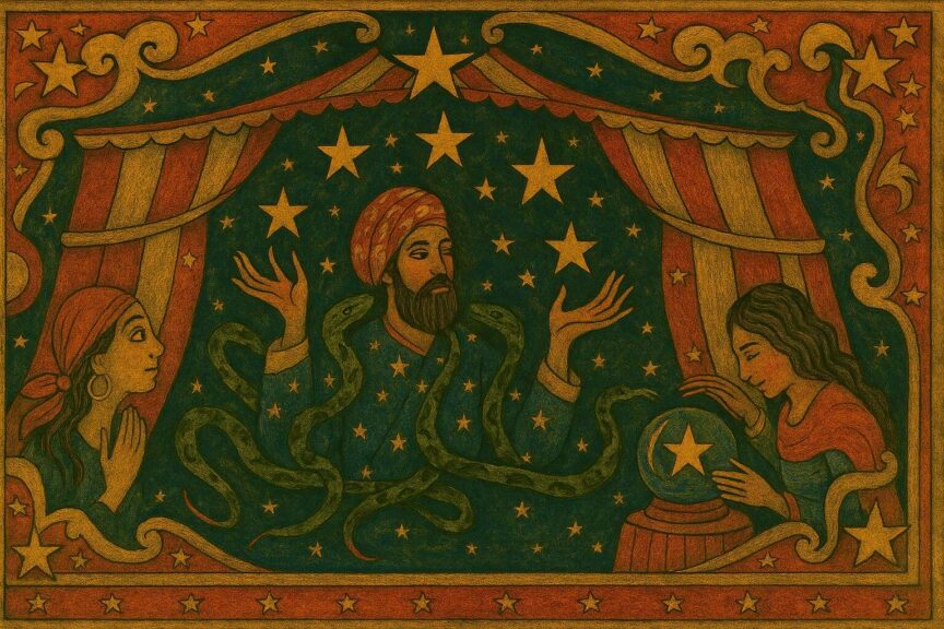 Ophiuchus is truly anchored in the middle, with the two women symmetrically placed and the celestial border balanced across the landscape.