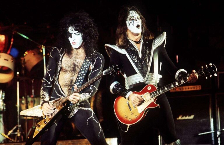 Paul Stanley and Ace Frehley, members of the heavy metal band KISS, perform at the Cumberland County Memorial Auditorium on Dec. 27, 1976.