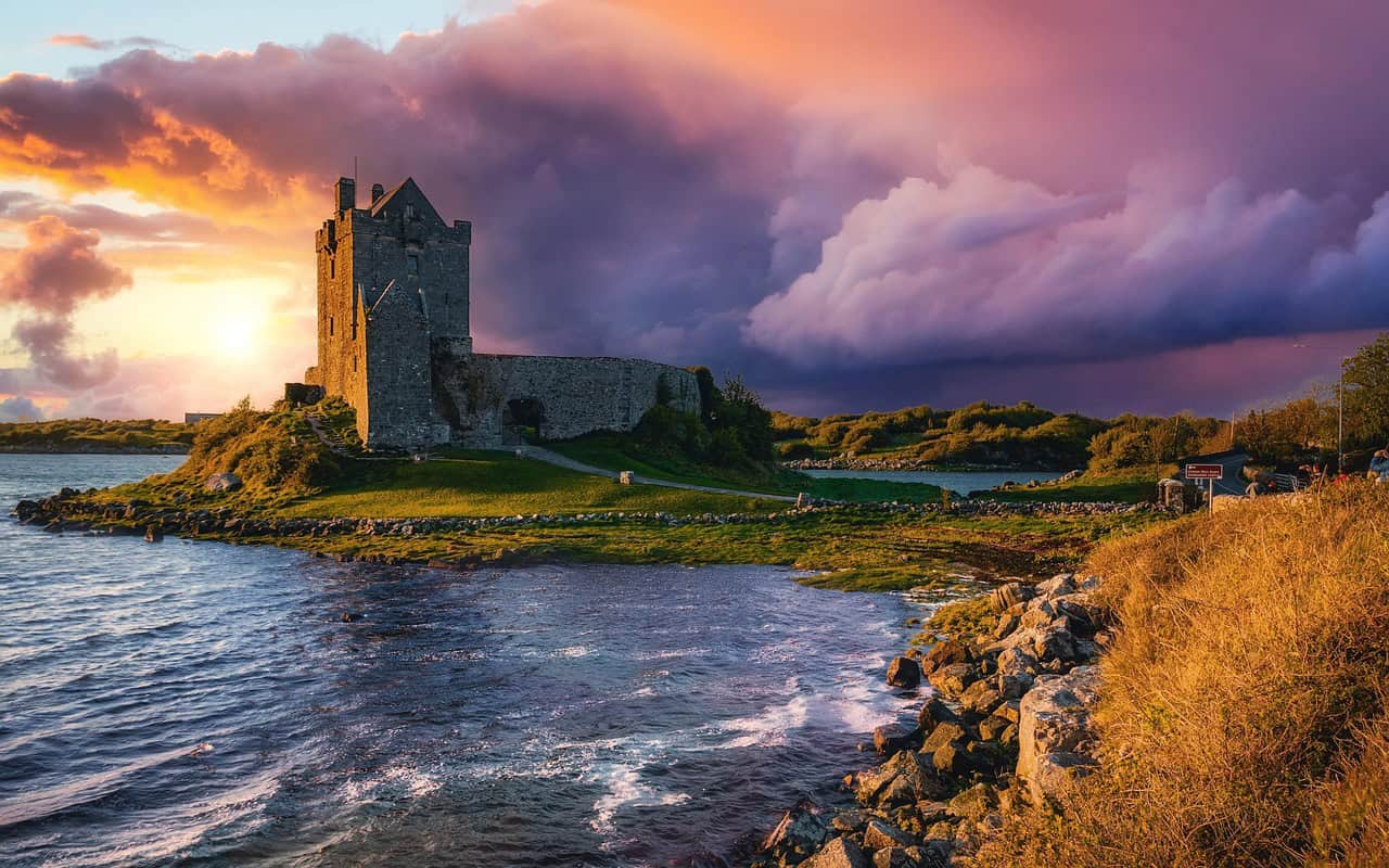 dunguaire castle, ireland, sunset, nature, kinvara, sea, castle, landmark, architecture, ancient castle, medieval castle, 16th-century castle