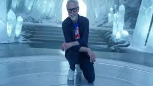 Screenshot of James Gunn on set of a movie. He has big ideas for " Man of Tomorrow "