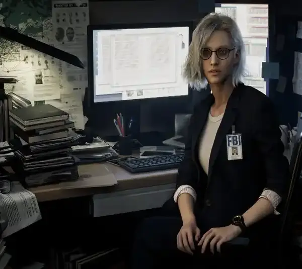 Resident Evil Requiem Grace Ashcroft sits at her desk and faces away from her computer there are multiple folders and documents on the desk