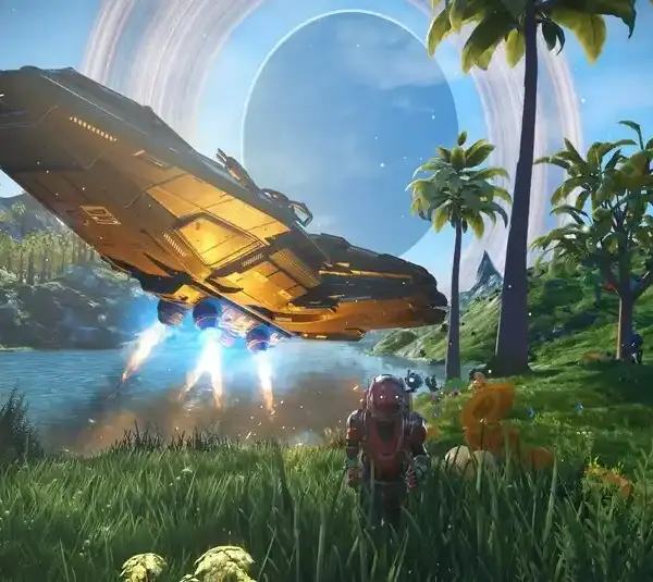 No Man's Sky spacecraft in a lush landscape