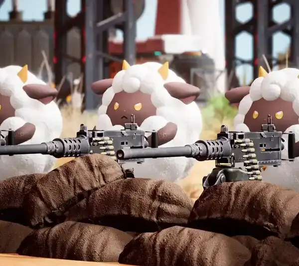 Palworld in game play sheep with machine gun