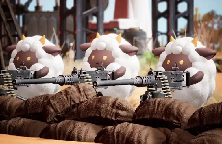 Palworld in game play sheep with machine gun