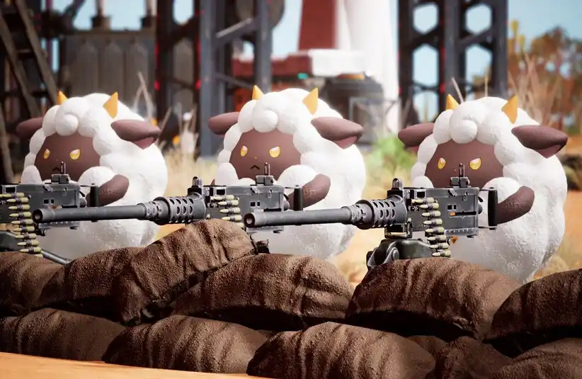 Palworld in game play sheep with machine gun