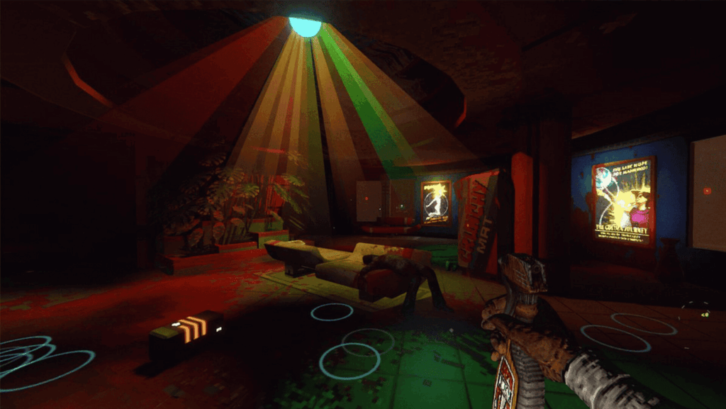 RetroSpace, disco-punk, 70s theme, survival horror, sci-fi, immersive sim, clean up, blood, dance floor