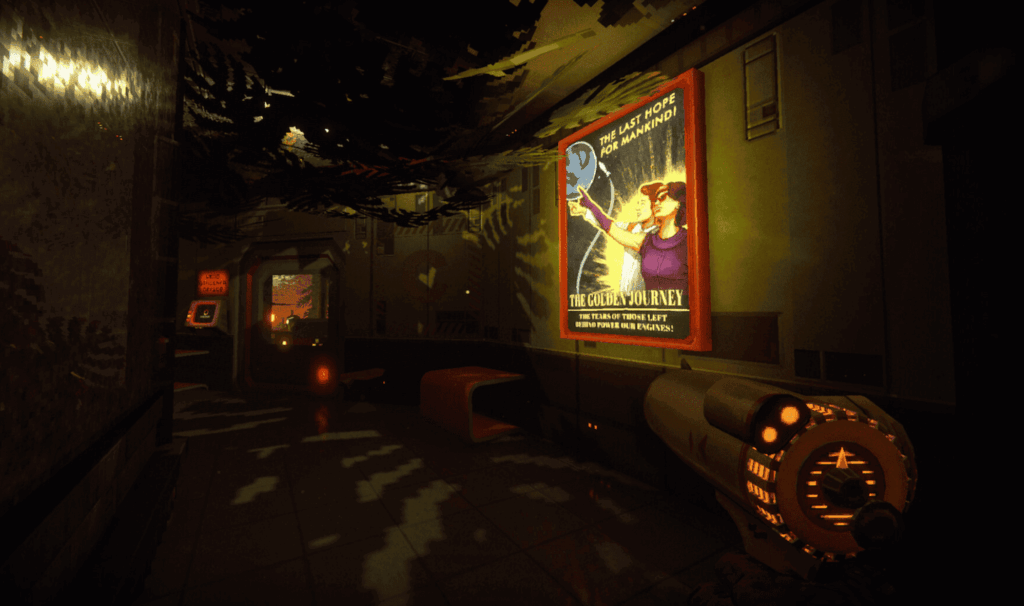 RetroSpace, disco-punk, 70s theme, survival horror, sci-fi, immersive sim, atmospheric, first person shooter