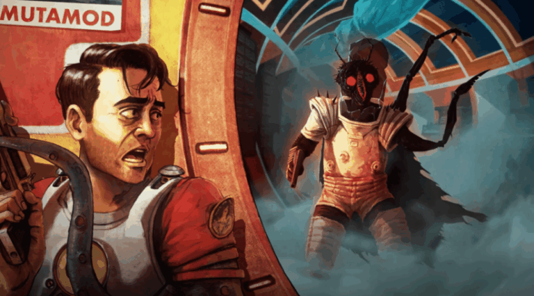 RetroSpace, disco-punk, 70s theme, survival horror, sci-fi, immersive sim, poster art