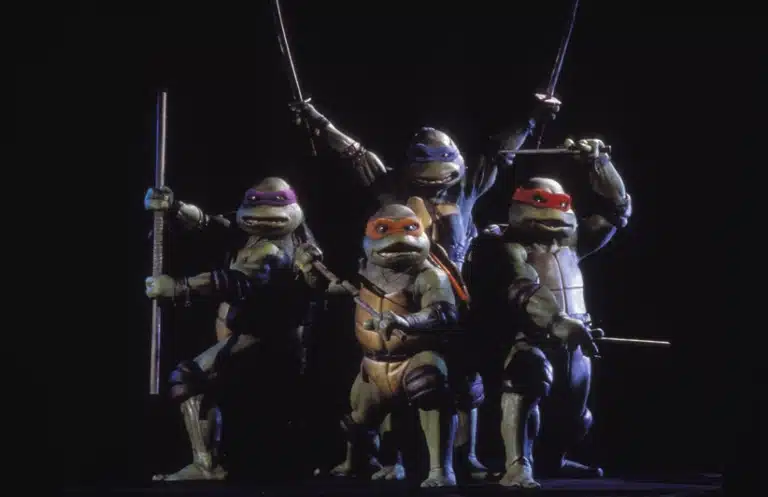 The Teenage Mutant Ninja Turtles are posing in front of a black background.