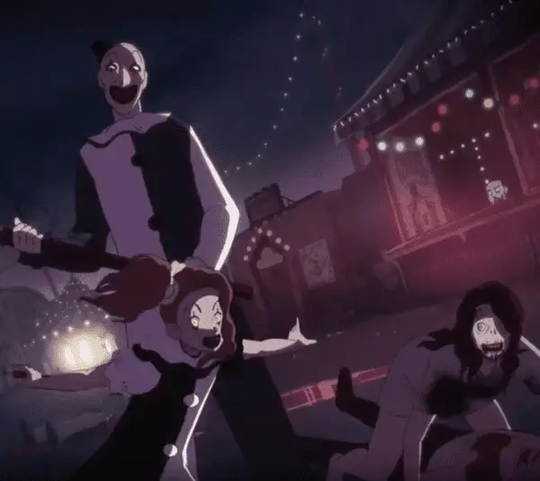 Terrifier The ARTcade Game, violence, gory, killing spree, Art The Clown, arcade style, animated scene