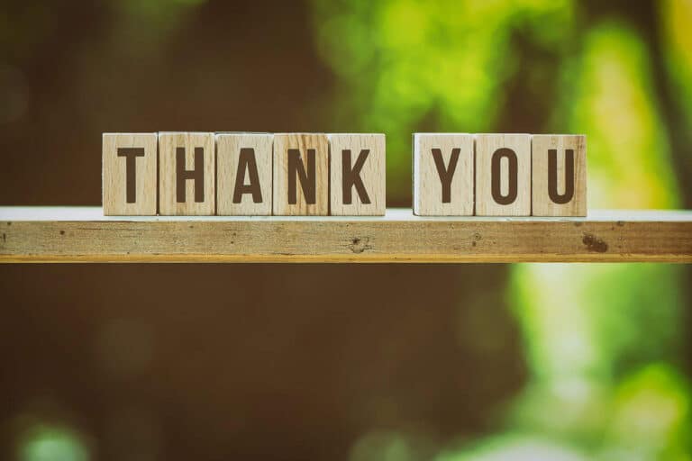 This photograph features an expression of gratitude. "Thank you" is spelled out in wooden blocks.