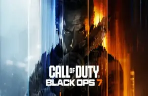 Soldier staring forward holding a weapon with a blue to orange color water effect in front of him with Call of Duty: Black Ops 7 text