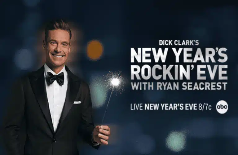 Ryan Seacrest, in a tuxedo, smiles, holding a lit sparkler. Text reads “Dick Clark’s New Year’s Rockin’ Eve with Ryan Seacrest. Live New Year’s Eve 8/7c on ABC.”