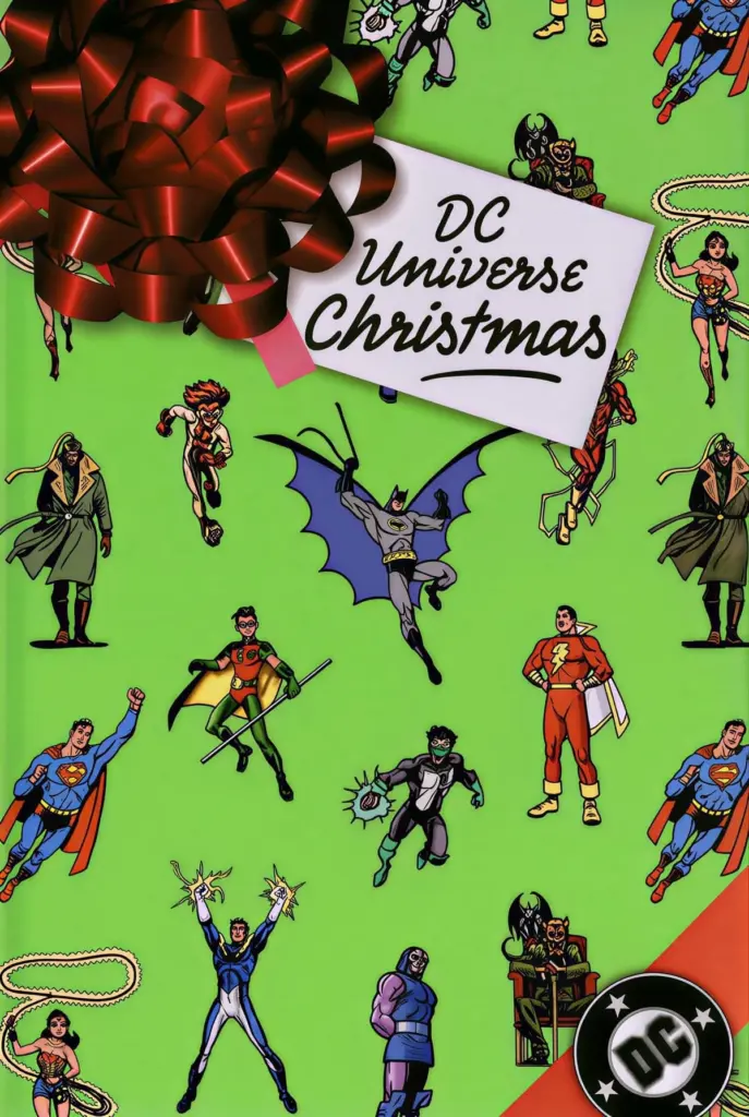 Green background with various DC superheroes in action poses, wrapped in a red bow. The text "DC Universe Christmas" is displayed, creating a festive tone.