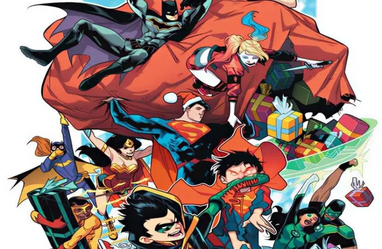 Superheroes in festive attire gather joyfully, carrying gifts. Batman, Superman, and others are prominently featured with a dynamic, cheerful vibe. DC Comics, Holiday Spirit