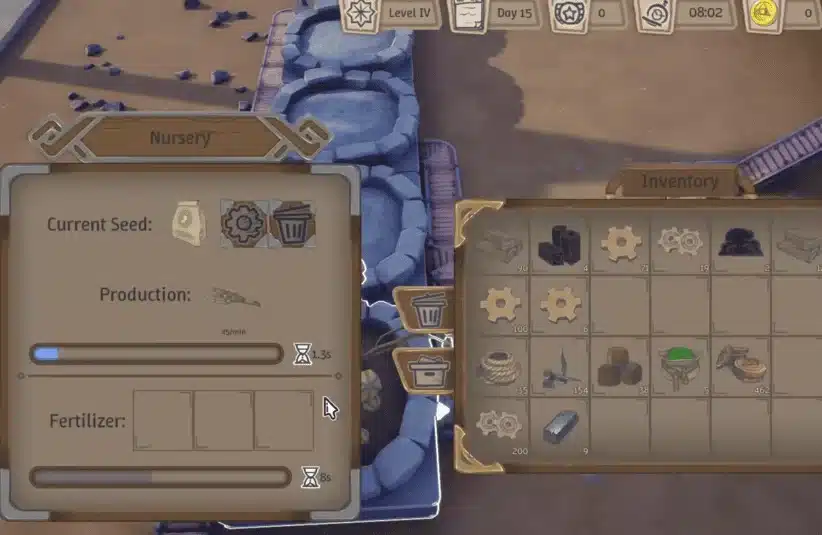 Alchemy Factor growing crops, factory simulation, Gamirror Games, mixing potions, time management, Nursery chart menu