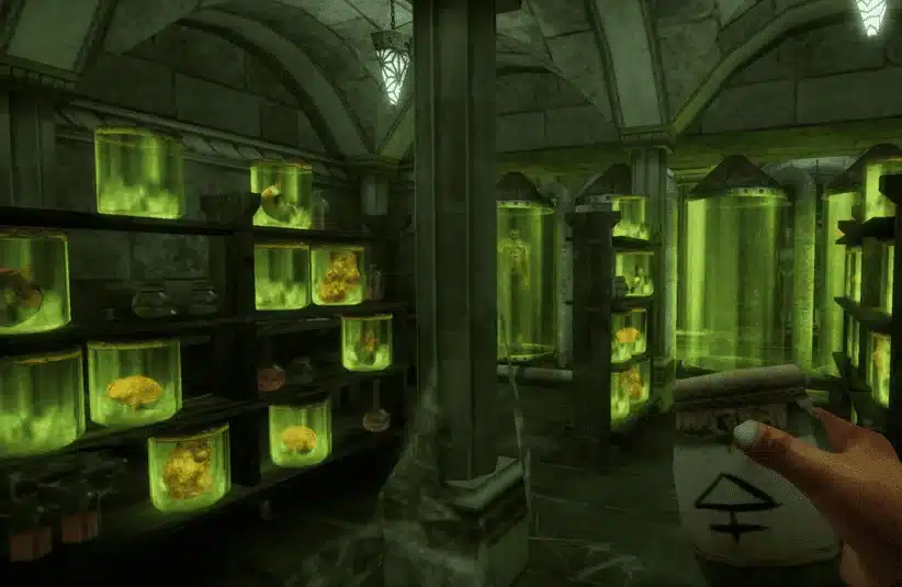 Caput Mortum, retro style horror game about a man trying to uncover the dark secrets within an abandoned alchemist's lab, WildArts, Black Lantern Collective, Nintendo Switch, Nintendo Switch 2, dungeon crawler, specimens suspended in glass jars and pods.