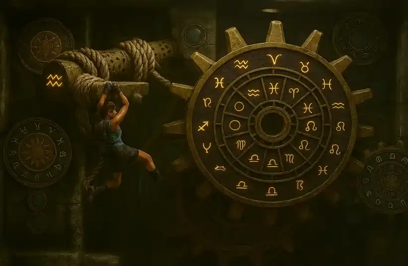 Lara Croft moving towards a gear with zodiac signs, Aquarius' sign is what she is holding onto. Created original screenshot and altered with Co-pilot.