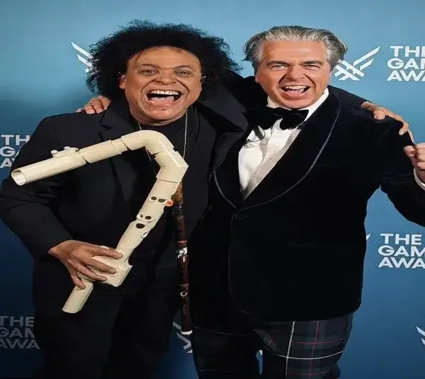 Flute Guy Eustache Pedro and TGA composer and conductor Lorne Balfe at the Game Awards.