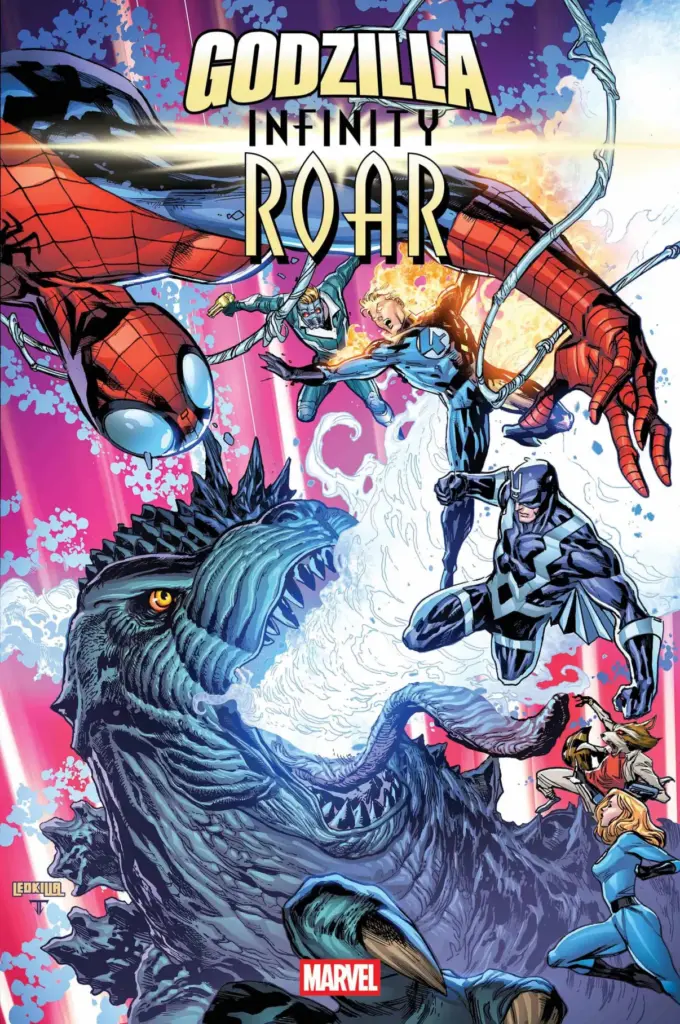 Comic-style illustration of superheroes, including one in a red suit with web patterns, battling a large, fierce monster with water splashes in a dynamic pink background in Godzilla Infinity Roar