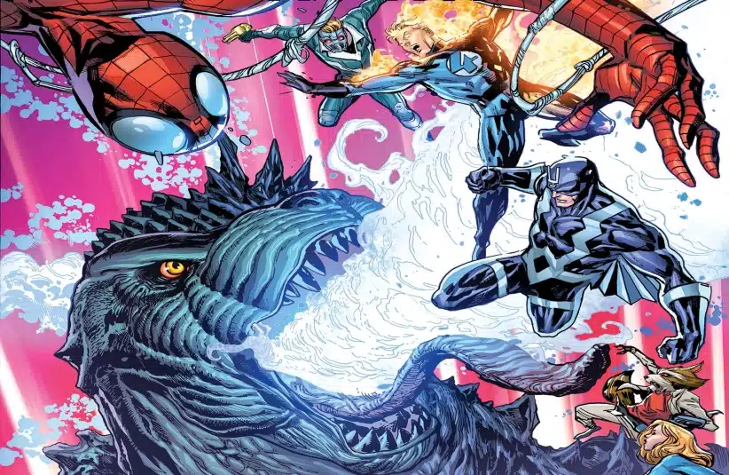 Comic-style illustration of superheroes, including one in a red suit with web patterns, battling a large, fierce monster with water splashes in a dynamic pink background in Godzilla Infinity Roar