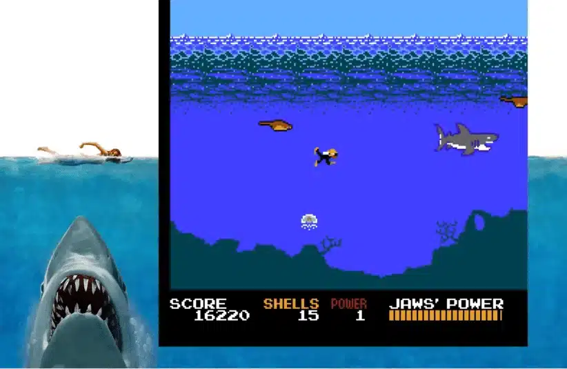 Jaws Retro Edition celebrating 50th anniversary of film, Limited Run Games rehashing NES, 8-bit pixelated game with Jaws references, featuring Enhanced version, standard edition and bigger boat edition, scuba diver