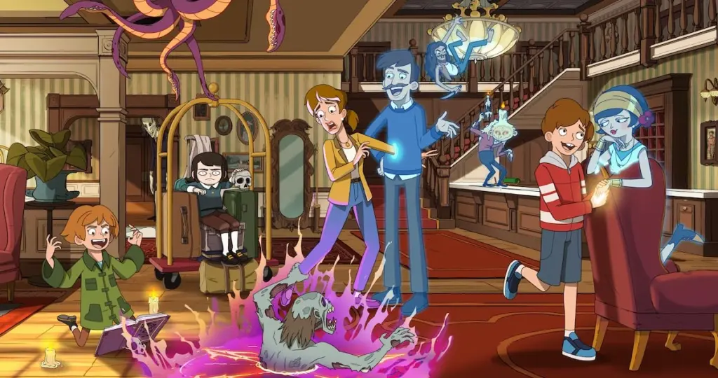 Animated scene in a lively, spooky hotel lobby with children, a ghost family, tentacles, a green monster, and a flying spectral creature. Playful vibe.